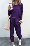 Fashion Solid Patchwork O Neck Long Sleeve Two Pieces(6 Colors)