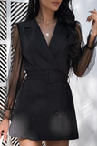 Fashion Elegant Solid See-through Turndown Collar A Line Dresses(4 colors)