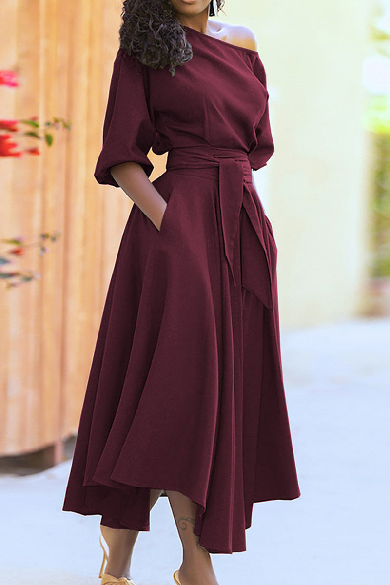 Fashion Bandage Solid Color Oblique Collar Irregular Dress Dresses(4 colors)