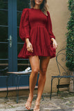 Fashion Solid Flounce O Neck Long Sleeve Dresses(11 colors)