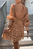 Fashion Sweet Zipper V Neck Cake Skirt Long Sleeve Dresses(3 Colors)
