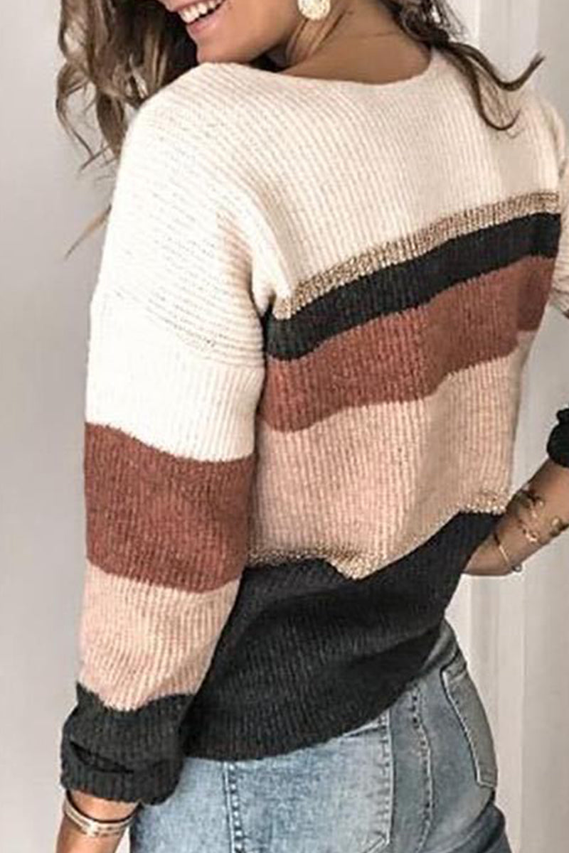 Casual Color Block Patchwork V Neck Sweaters(3 Colors)