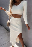 Casual Elegant Solid Slit U Neck Long Sleeve Two Pieces(4 Colors)