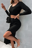 Casual Elegant Solid Slit U Neck Long Sleeve Two Pieces(4 Colors)