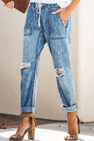 Street Solid Ripped Frenulum Straight Denim Jeans