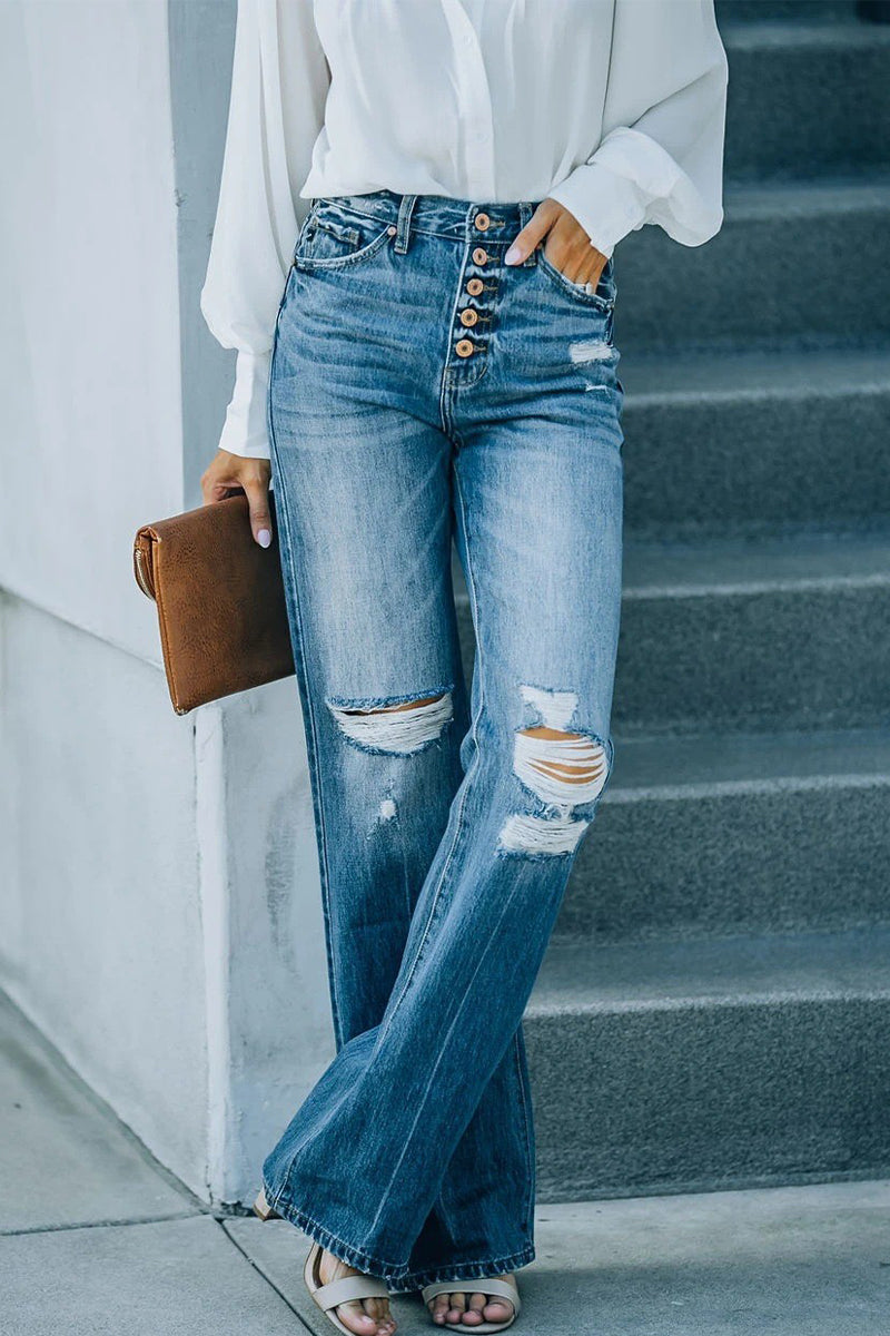 Casual Street Solid Ripped Buckle High Waist Straight Denim Jeans