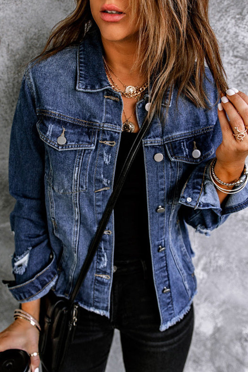 Casual Solid Ripped Pocket Buttons Turndown Collar Outerwear