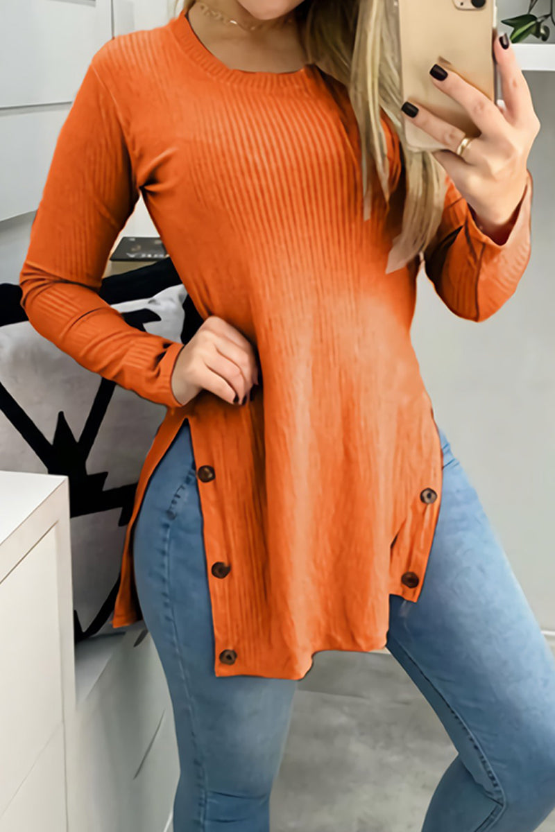 Street  Buttons Solid Color O Neck Tops(7 Colors)