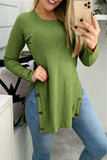 Street  Buttons Solid Color O Neck Tops(7 Colors)
