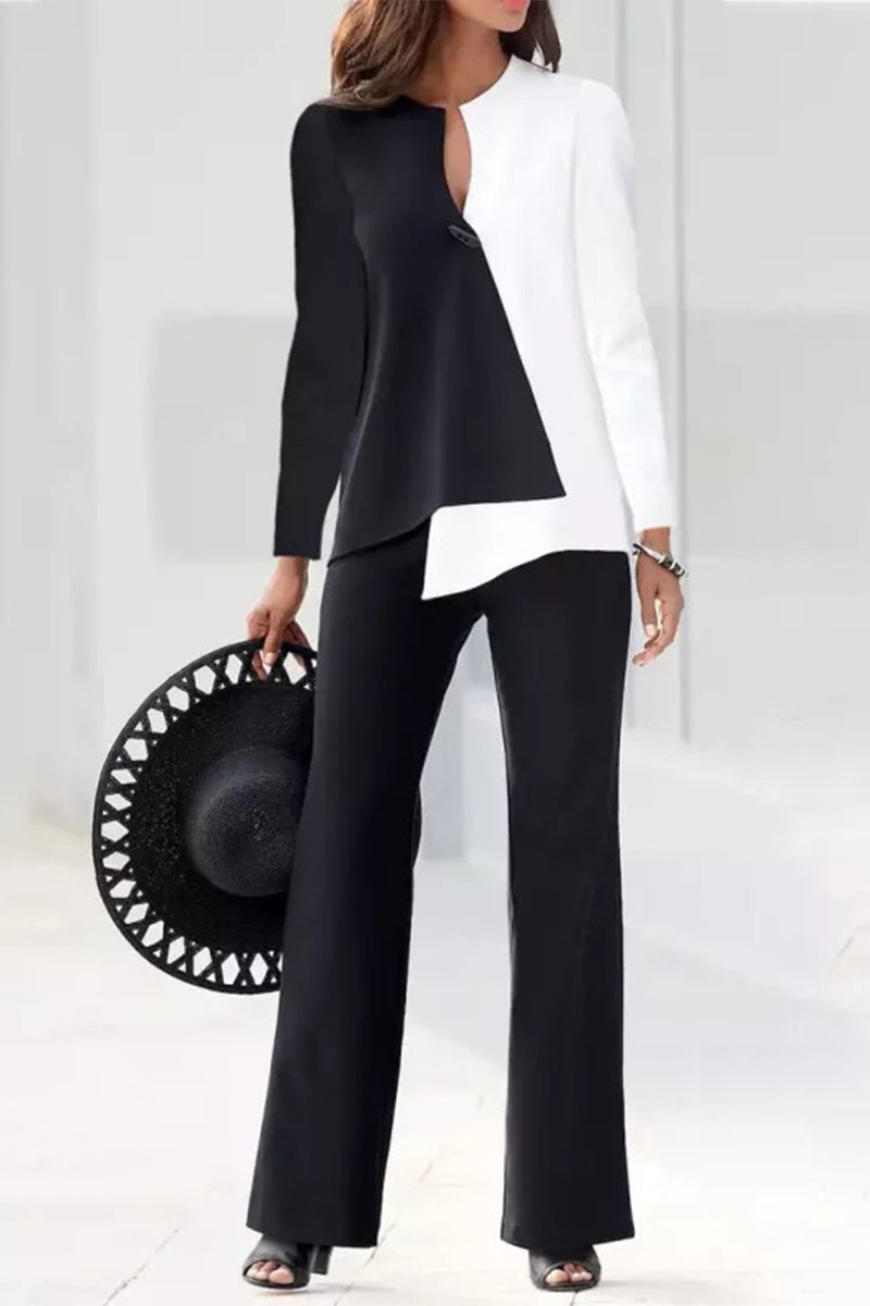 Elegant Color Block Contrast O Neck Long Sleeve Two Pieces