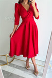 Sweet Elegant Solid Color V Neck A Line Dresses(4 Colors)