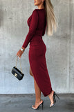 Elegant Fold Solid Color V Neck Wrapped Skirt Dresses