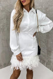 Solid Patchwork Buttons Feathers Turndown Collar Wrapped Skirt Dresses