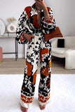 Casual Print Patchwork Buckle Turndown Collar Long Sleeve Two Pieces