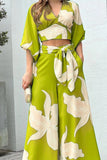 Elegant Print Frenulum V Neck Half Sleeve Two Pieces(10 Colors)