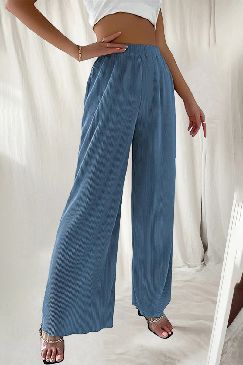 Casual Simplicity Solid Fold Loose High Waist Wide Leg Solid Color Bottoms(7 Colors)