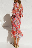 Sweet Elegant Print Patchwork V Neck Waist Skirt Dresses(4 Colors)