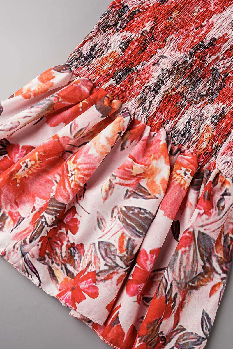 Sweet Elegant Print Patchwork V Neck Waist Skirt Dresses(4 Colors)