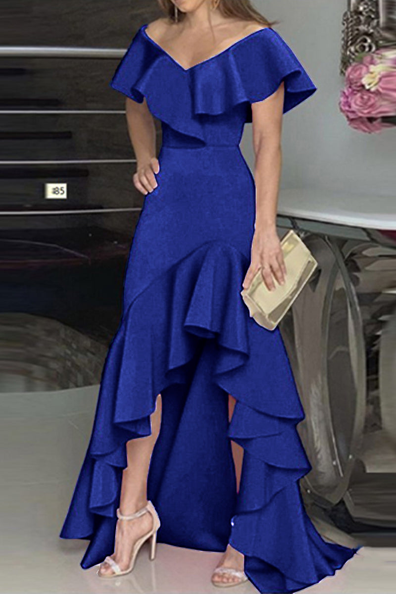 Elegant Solid Flounce V Neck Irregular Dress Dresses(5 Colors)
