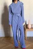 Work Solid Frenulum Turn-back Collar Regular Jumpsuits