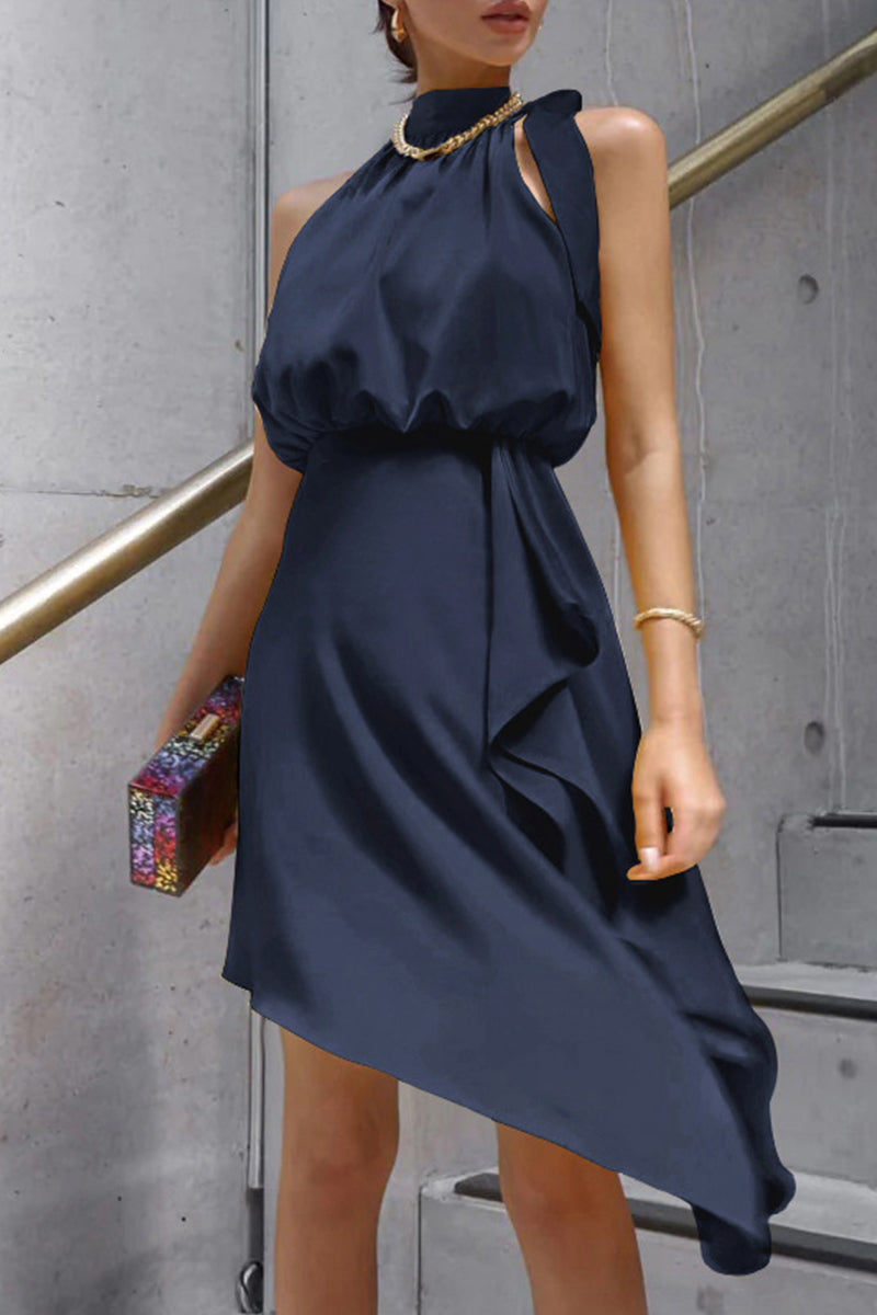 Celebrities Elegant Solid Asymmetrical Halter Irregular Dress Dresses