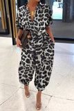 Plus Size Casual Vintage Leopard Frenulum Printing Loose Jumpsuits