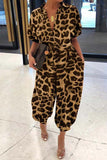 Plus Size Casual Vintage Leopard Frenulum Printing Loose Jumpsuits