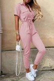 Casual Daily Solid Frenulum With Belt Turndown Collar Regular Jumpsuits(10 Colors)
