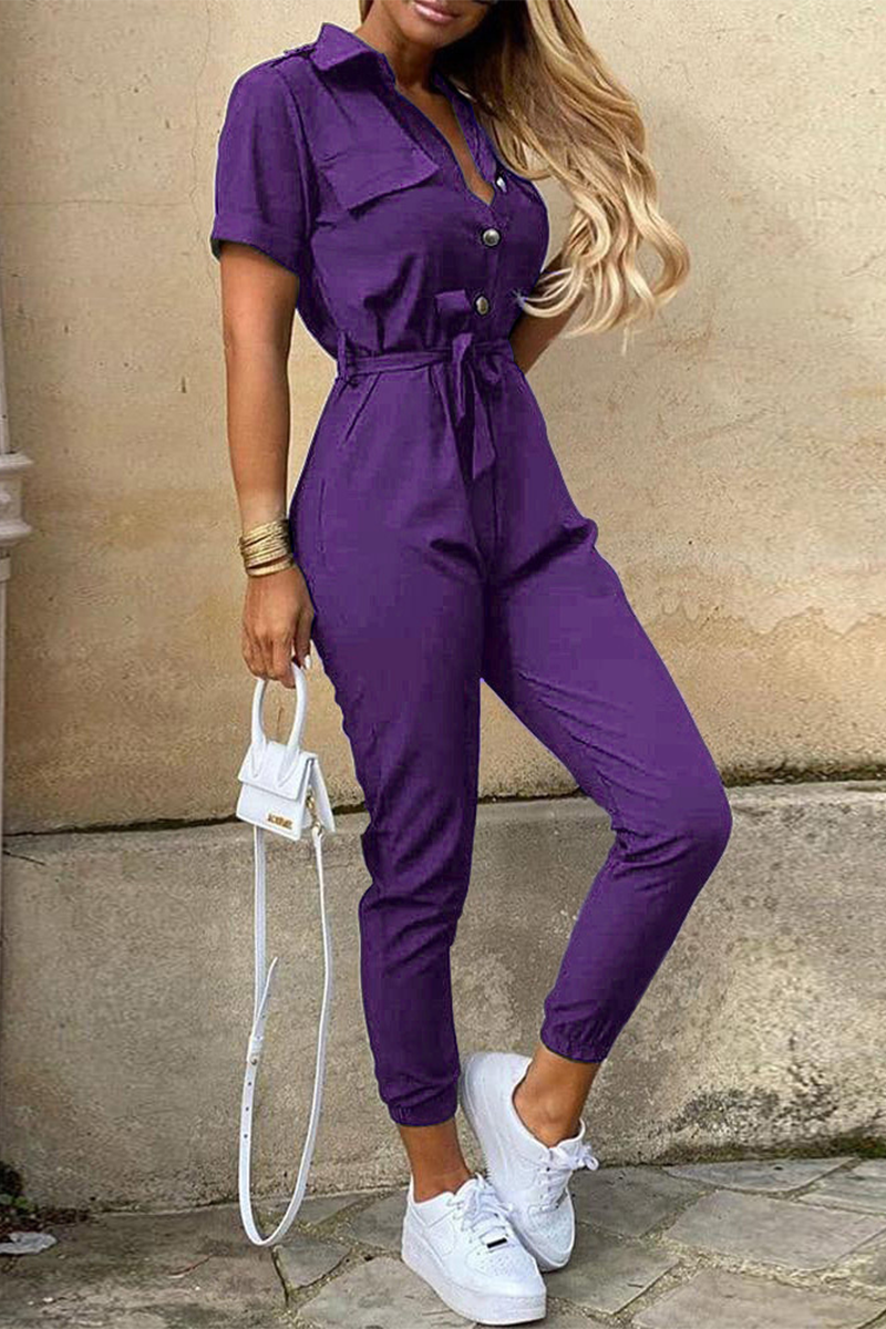 Casual Daily Solid Frenulum With Belt Turndown Collar Regular Jumpsuits(10 Colors)