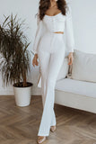 Work Elegant Solid Buckle Square Collar Long Sleeve Two Pieces(4 Colors)