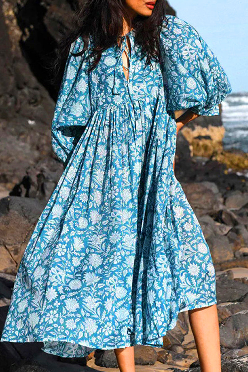 College Vacation Floral Patchwork Frenulum Asymmetrical Collar Beach Dress Dresses(6 Colors)