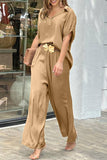 Casual Simplicity Solid Without Belt V Neck Short Sleeve Two Pieces(3 Colors)