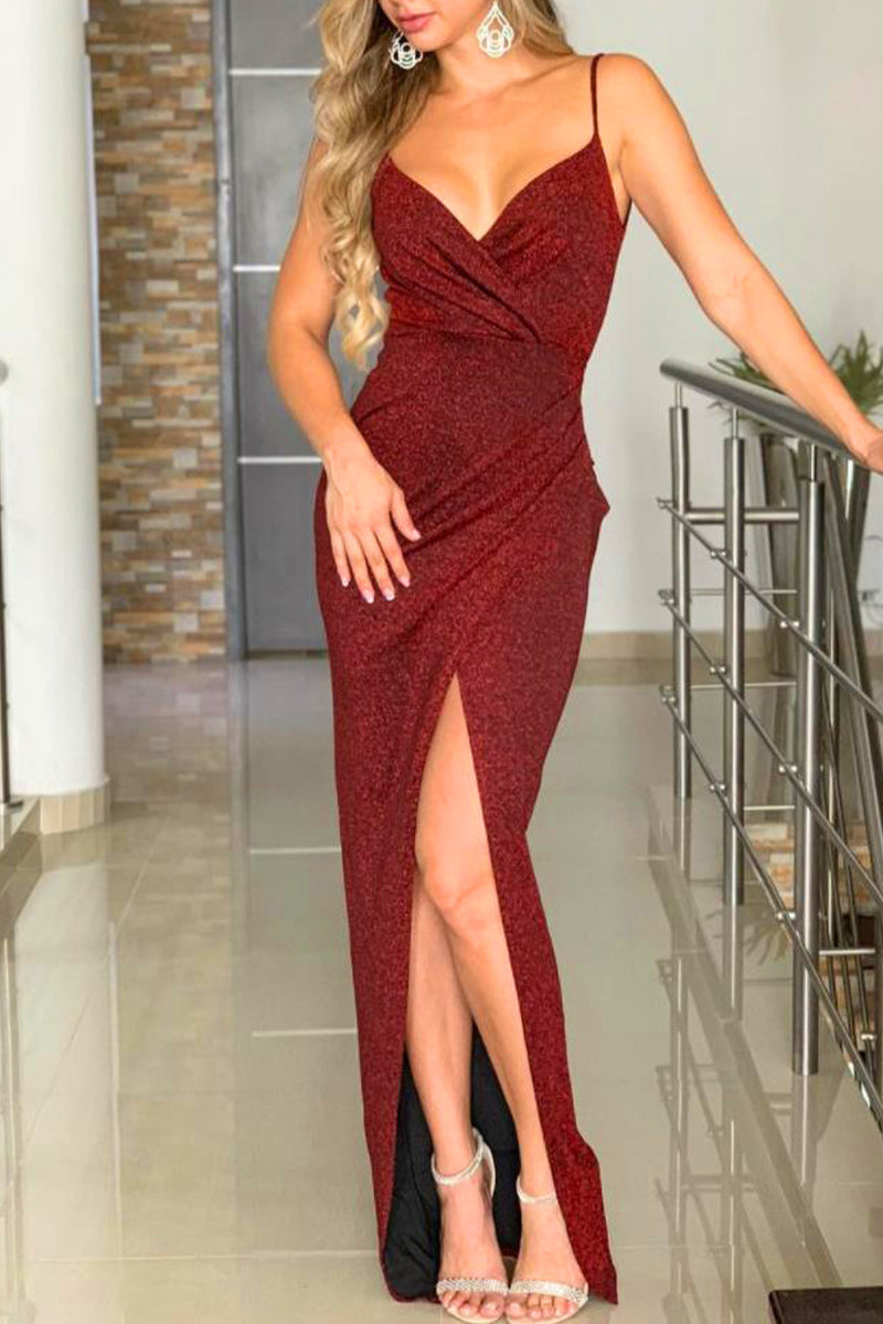 Sexy Party Solid Slit Fold Sequined V Neck Sling Dress Dresses(3 Colorts)