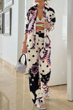 Casual Print Patchwork Turndown Collar Long Sleeve Two Pieces