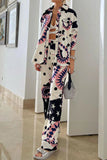 Casual Print Patchwork Turndown Collar Long Sleeve Two Pieces