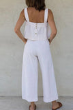 Casual Solid Buttons Square Collar Sleeveless Two Pieces(3 Colors)