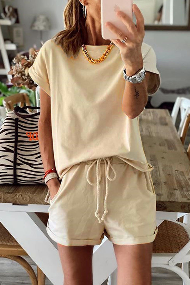 Fashion Living Solid Patchwork O Neck Short Sleeve Two Pieces
