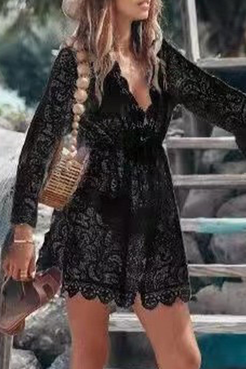 Casual Vacation Solid Lace Embroidered Swimwears Cover Up