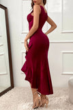 Casual Solid Flounce Asymmetrical V Neck Evening Dress Dresses(3 Colors)