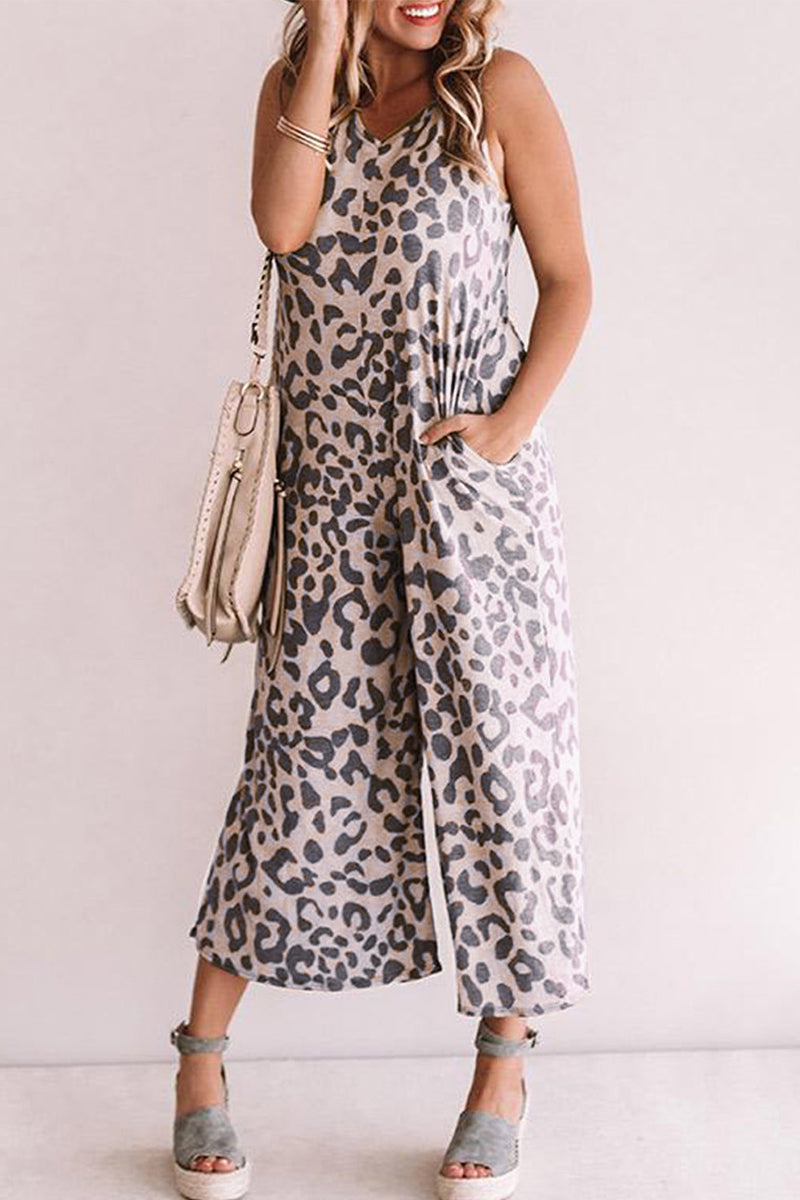 Casual College Leopard Pocket Loose Jumpsuits