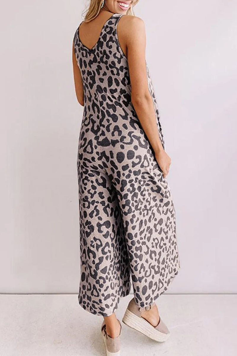 Casual College Leopard Pocket Loose Jumpsuits
