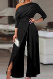 British Style Solid Backless Asymmetrical Oblique Collar Regular Jumpsuits(2 Colors)