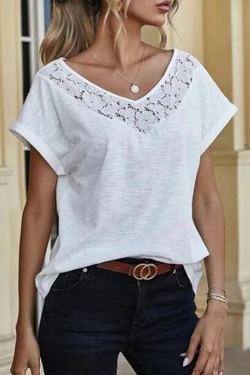Casual Solid Lace Patchwork V Neck T-Shirts(3 Colors)