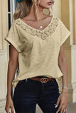 Casual Solid Lace Patchwork V Neck T-Shirts(3 Colors)