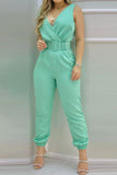 Sexy Casual Solid Backless With Belt V Neck Regular Jumpsuits