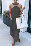 Casual Simplicity Solid Pocket Halter Dresses