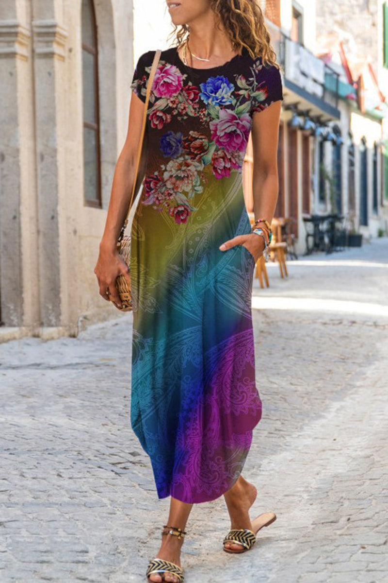 Casual Street Print Patchwork O Neck Short Sleeve Dress Dresses(10 Colors)