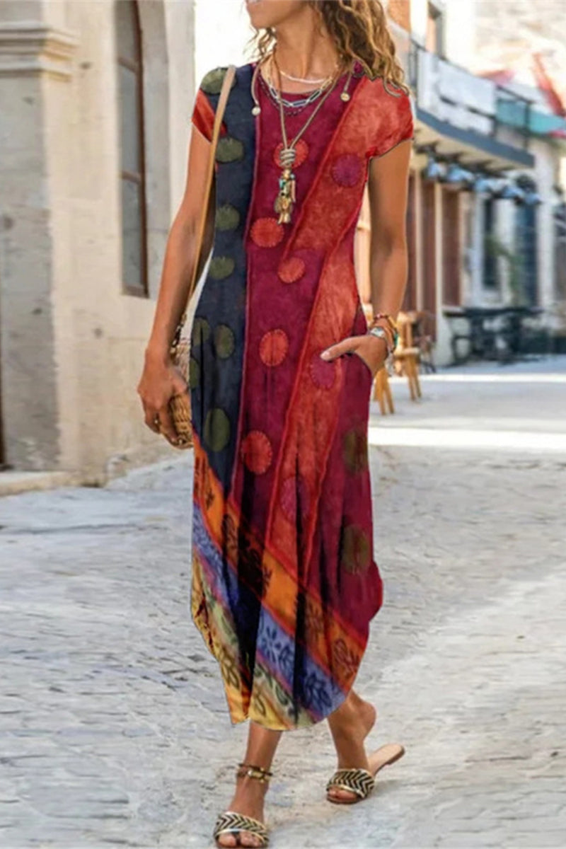 Casual Street Print Patchwork O Neck Short Sleeve Dress Dresses(10 Colors)
