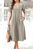 Casual College Solid Pocket Buckle V Neck Short Sleeve Dress Dresses(5 Colors)