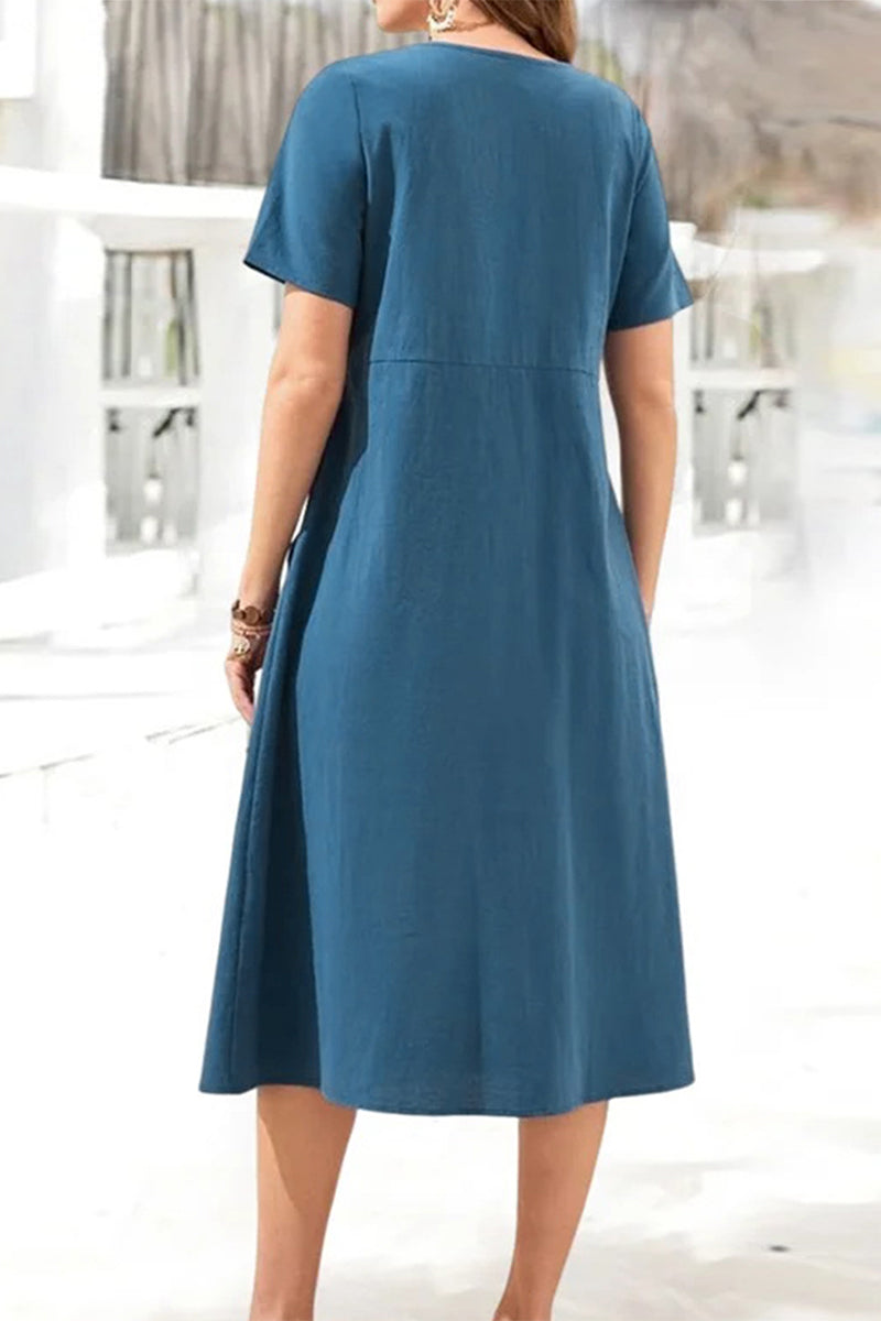 Casual College Solid Pocket Buckle V Neck Short Sleeve Dress Dresses(5 Colors)
